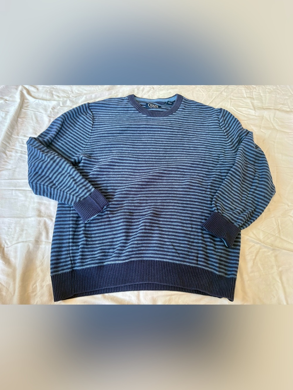 Chaps Men's Navy and Light Blue Striped Crewneck Sweater
